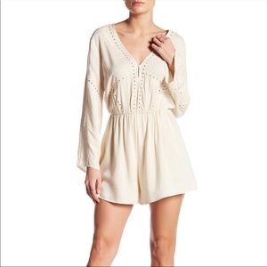 ASTR the Label Boho Western Cowgirl Eyelet Embroidered Romper with Bell Sleeve
